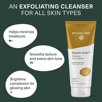 Glycolic Acid Face Wash - Facial Cleanser and Scrub - 10% Glycolic Acid, AHA - Salicylic Cleanser - 6 Fl. Oz